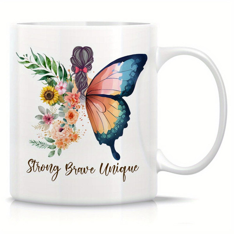 Tailorly White Ceramic 11 oz Mug - Strong Brave Unique Artistic Watercolor Butterfly Wing Integrated With Vibrant Blooming Flowers Girl