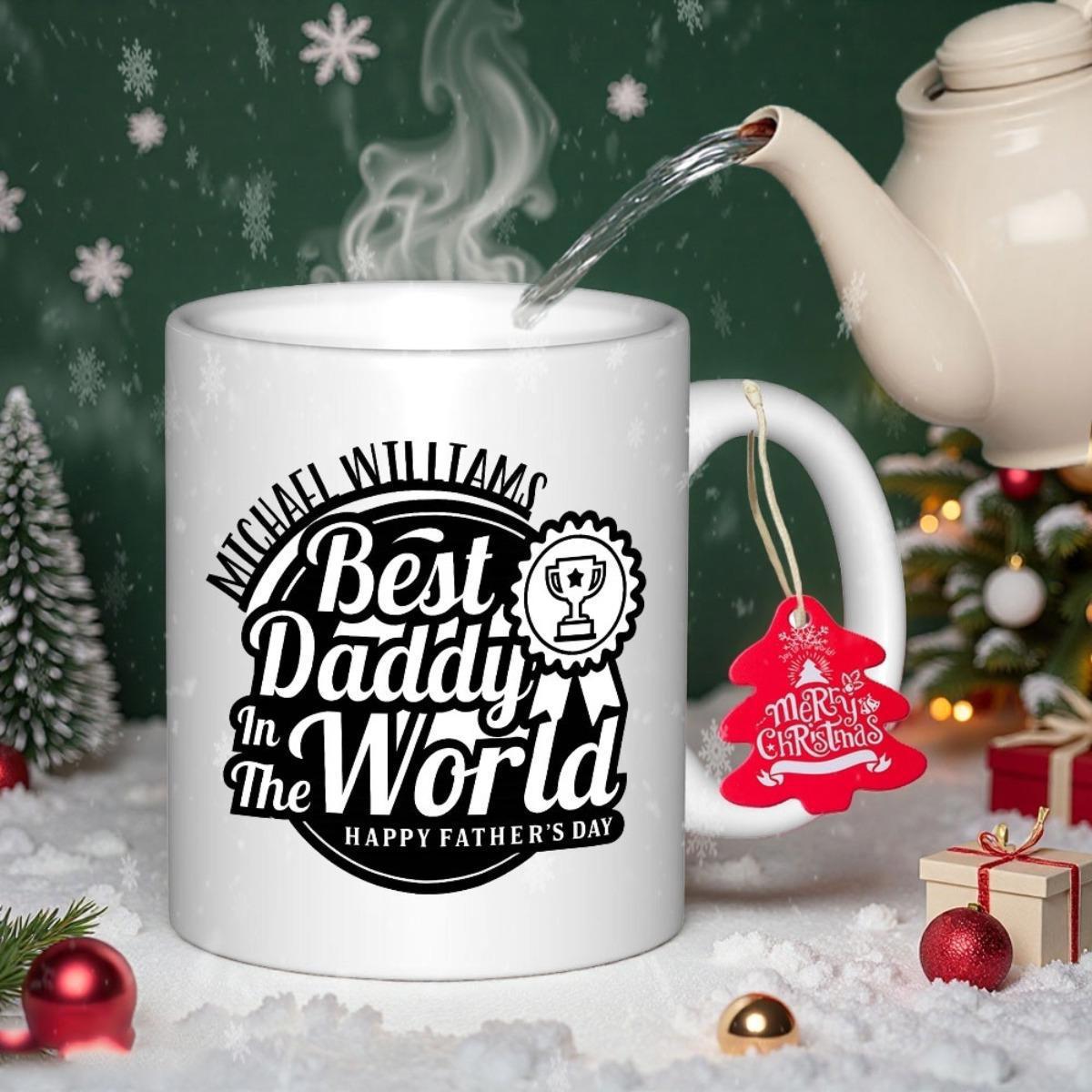 Tailorly White Ceramic 11 oz Mug - Best Daddy In The World Happy Father's Day Circular Black Seal With Trophy And Bold Professional Typography Badge
