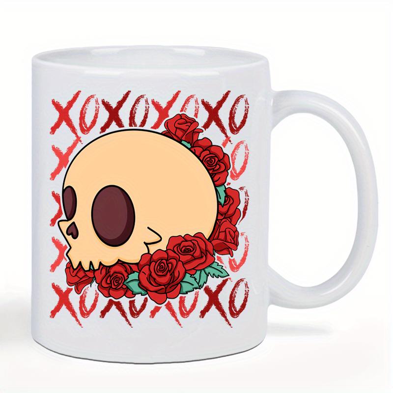 Tailorly White Ceramic 11 oz Mug - Xoxo Cartoonish Human Head Bone Decorated With Red Blooming Roses Skull