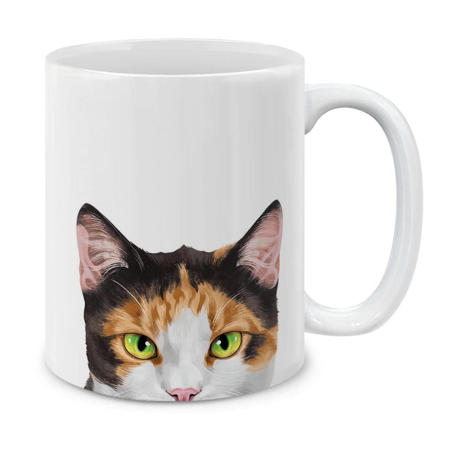 Tailorly White Ceramic 11 oz Mug - Hand Drawn Realistic Calico Kitty With Bright Green Eyes Peeking Cat