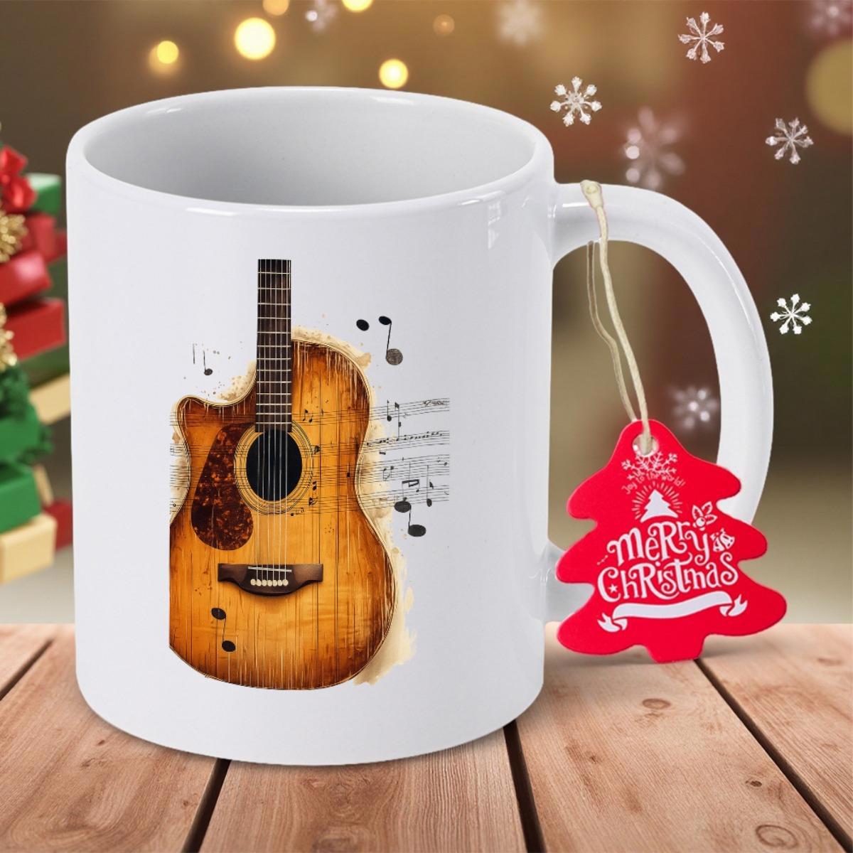 Tailorly White Ceramic 11 oz Mug - Merry Christmas Vintage Wooden Acoustic Guitar Featuring Musical Notes Among Melodies Guitar