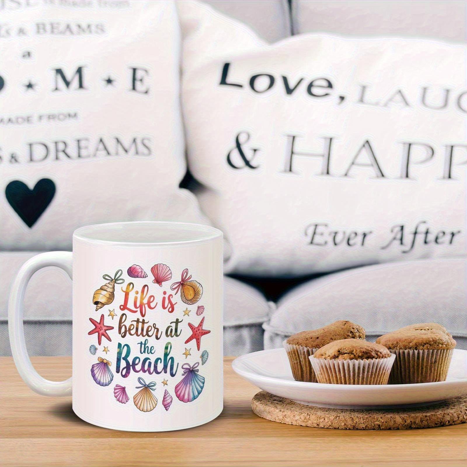 Tailorly White Ceramic 11 oz Mug - Life Is Better At The Beach Watercolor Colorful Seashells And Starfish Arranged In A Circular Decorative Wreath Seashell