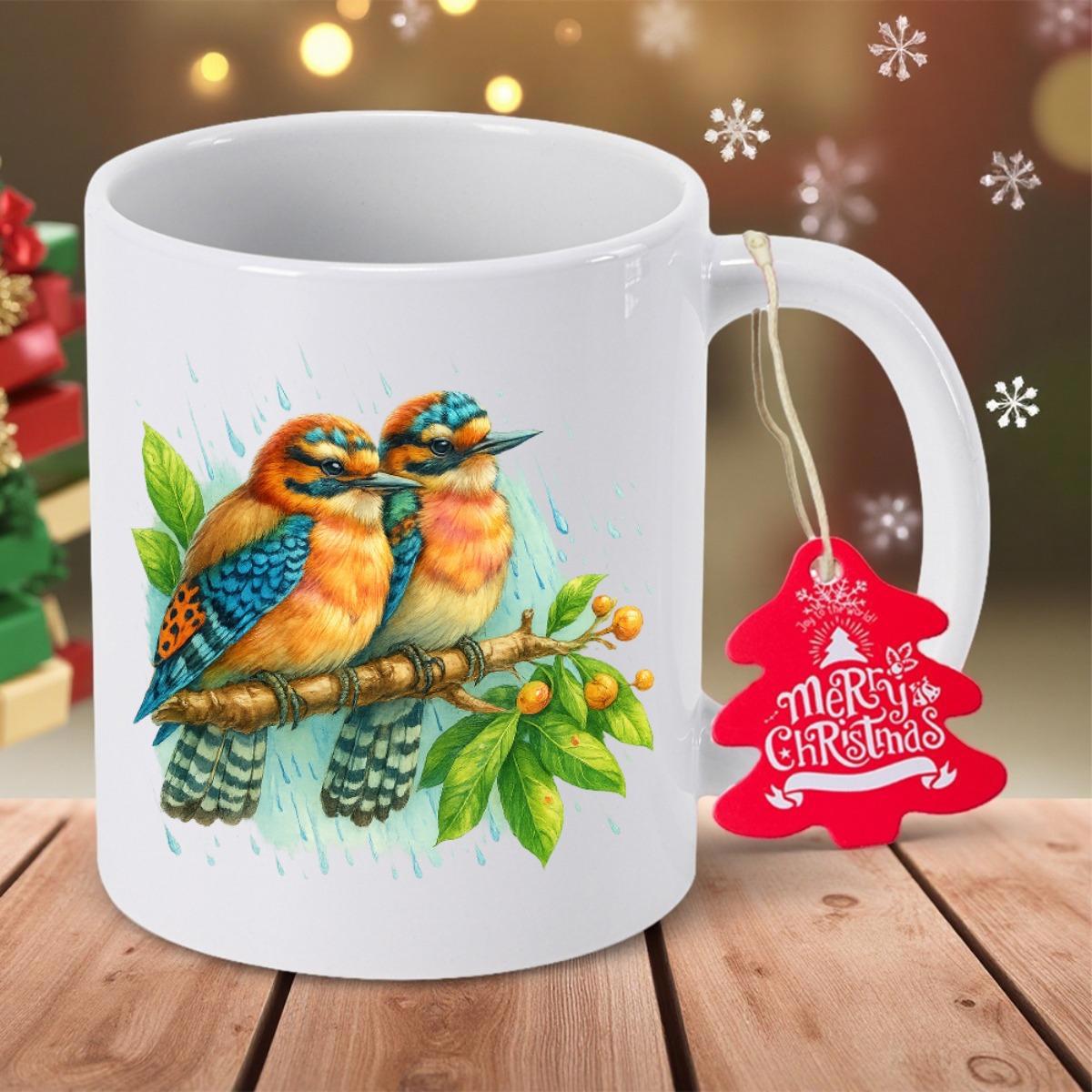 Tailorly White Ceramic 11 oz Mug - Merry Christmas Vibrant Colorful Birds Resting On A Branch With Green Leaves And Berries Bird