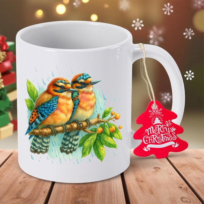 Tailorly White Ceramic 11 oz Mug - Merry Christmas Vibrant Colorful Birds Resting On A Branch With Green Leaves And Berries Bird