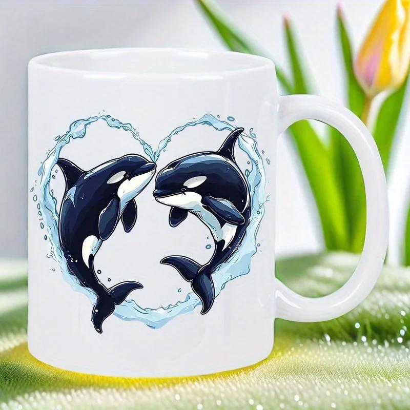 Tailorly White Ceramic 11 oz Mug - Majestic Aquatic Animals Swimming In A Heart Shaped Water Wave Orca