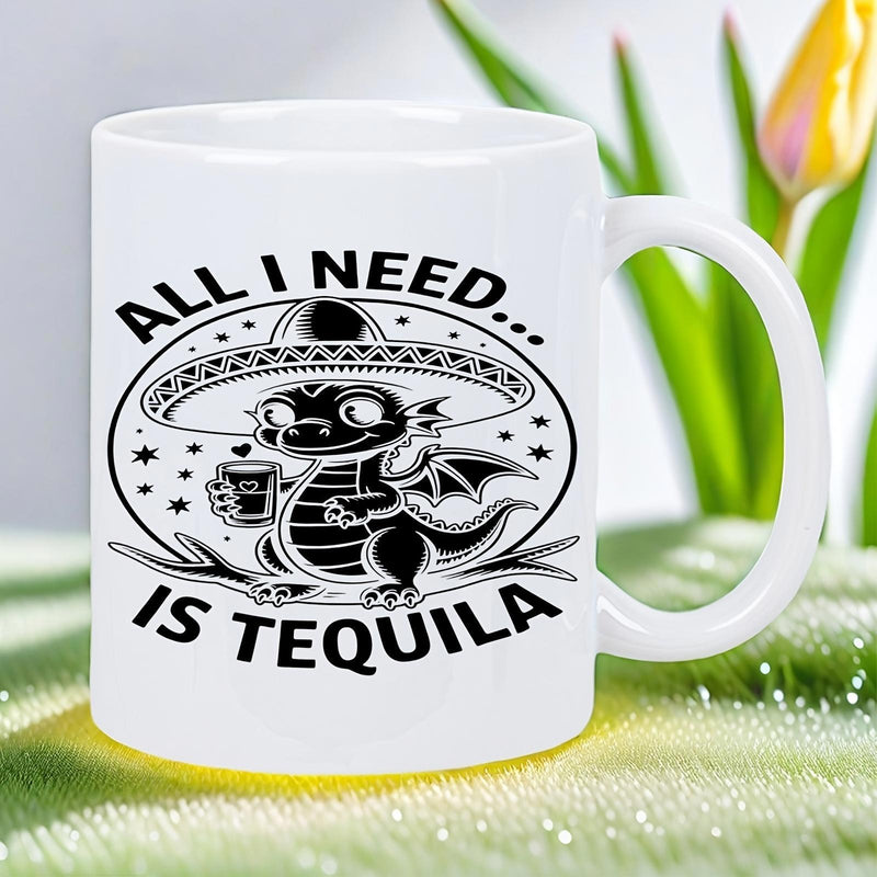 Tailorly White Ceramic 11 oz Mug - All I Need Is Tequila Cute Cartoon Wearing Large Sombrero Holding Drink Cup Among Stars Dragon