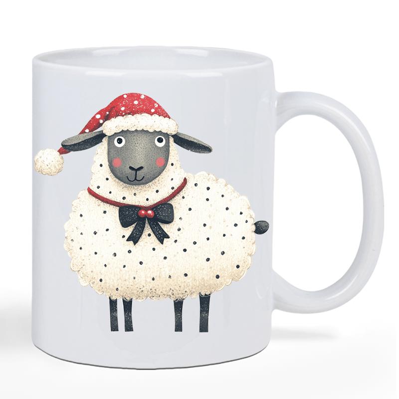 Tailorly White Ceramic 11 oz Mug - Festive Fluffy White Animal Wearing Polka Dot Santa Hat And Bow Tie Sheep