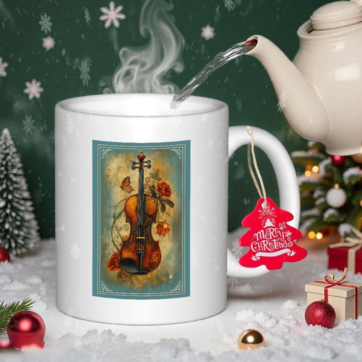 Tailorly White Ceramic 11 oz Mug - Vintage Illustration Of A Classic String Instrument With Elegant Red Roses Violin