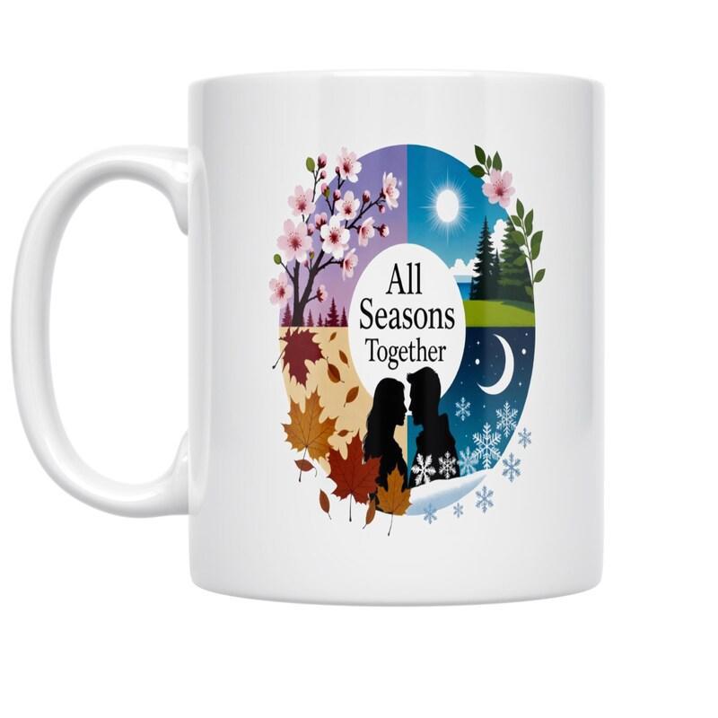 Tailorly White Ceramic 11 oz Mug - All Seasons Together Vibrant Nature Circle Showing Flowers Leaves And Winter Snowflakes Silhouetted Couple