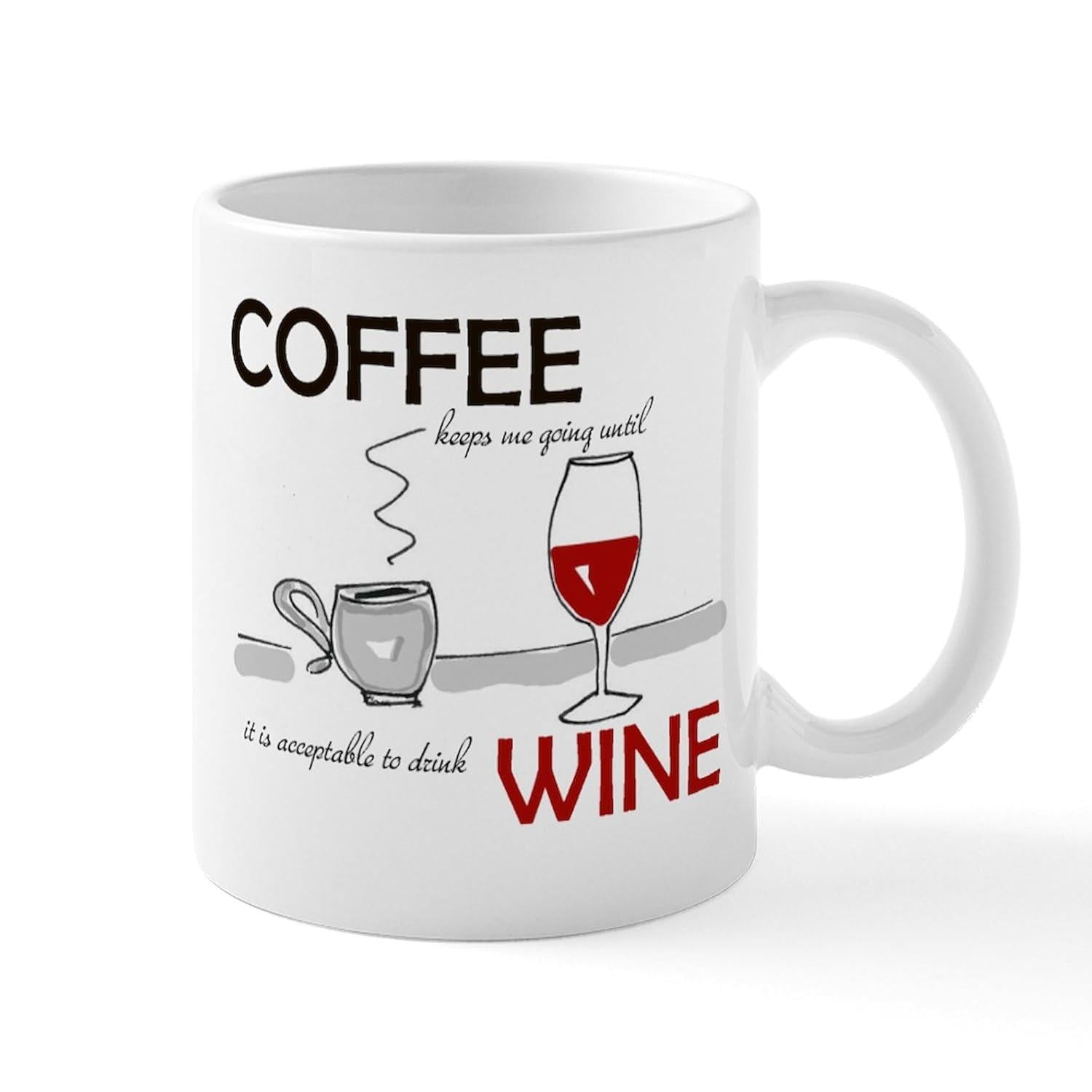 Tailorly White Ceramic 11 oz Mug - Coffee Wine Artistic Hand Drawn Sketch Showing Morning Coffee And Evening Red Wine Mug