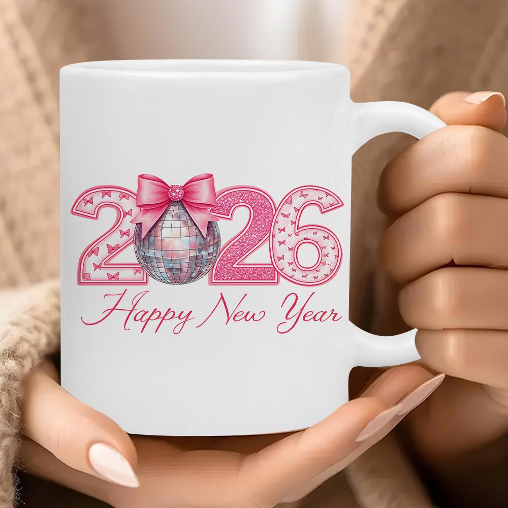 Tailorly White Ceramic 11 oz Mug - Happy New Year 2026 Shimmering Pink Heart Filled Numbers Featuring Festive Silver Disco Ball Bow Mug