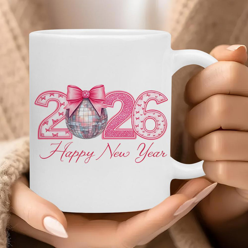 Tailorly White Ceramic 11 oz Mug - Happy New Year 2026 Shimmering Pink Heart Filled Numbers Featuring Festive Silver Disco Ball Bow Mug