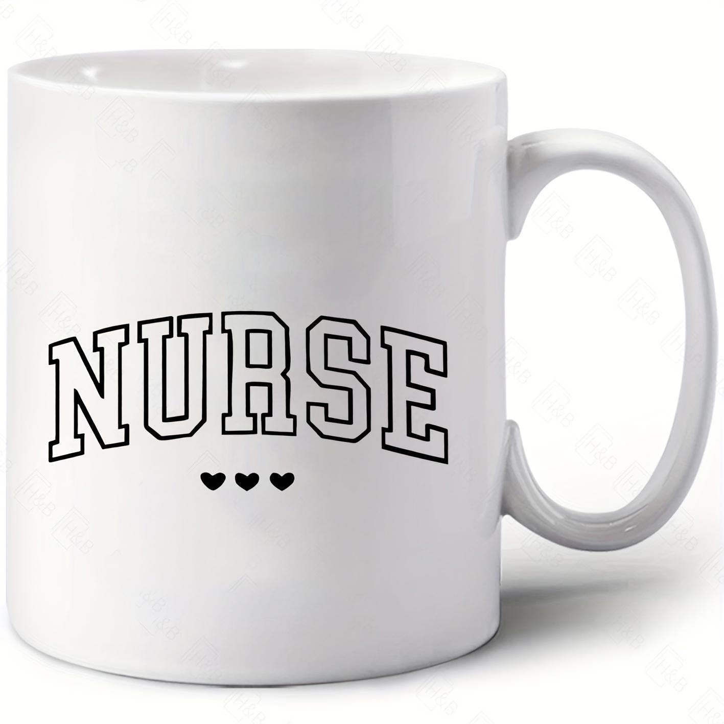 Tailorly White Ceramic 11 oz Mug - Nurse Arched Varsity Letters Arranged Over Three Minimalist Small Black Hearts Mug