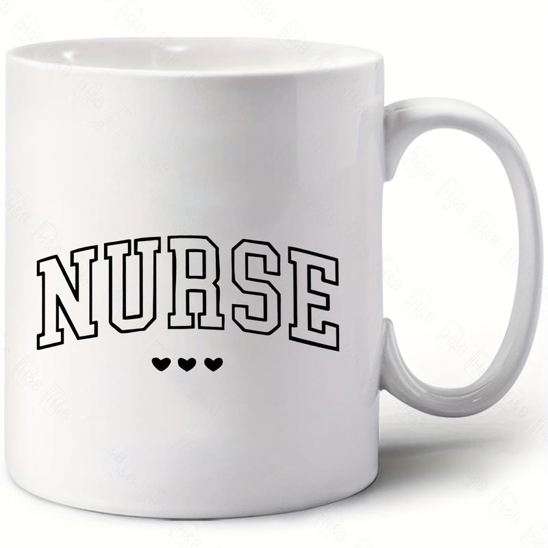 Tailorly White Ceramic 11 oz Mug - Nurse Arched Varsity Letters Arranged Over Three Minimalist Small Black Hearts Mug