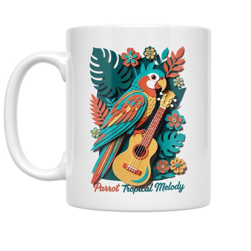 Tailorly White Ceramic 11 oz Mug - Parrot Tropical Melody Vibrant Colorful Bird Holding Ukulele Among Lush Tropical Leaves Parrot