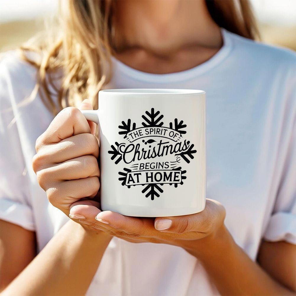 Tailorly White Ceramic 11 oz Mug - The Spirit Of Christmas Begins At Home Elegant Black Silhouette Featuring Festive Holiday Typography Centered Snowflake
