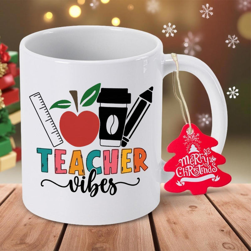 Tailorly White Ceramic 11 oz Mug - Teacher Vibes Colorful School Essentials Featuring A Ruler Coffee Cup And Apple