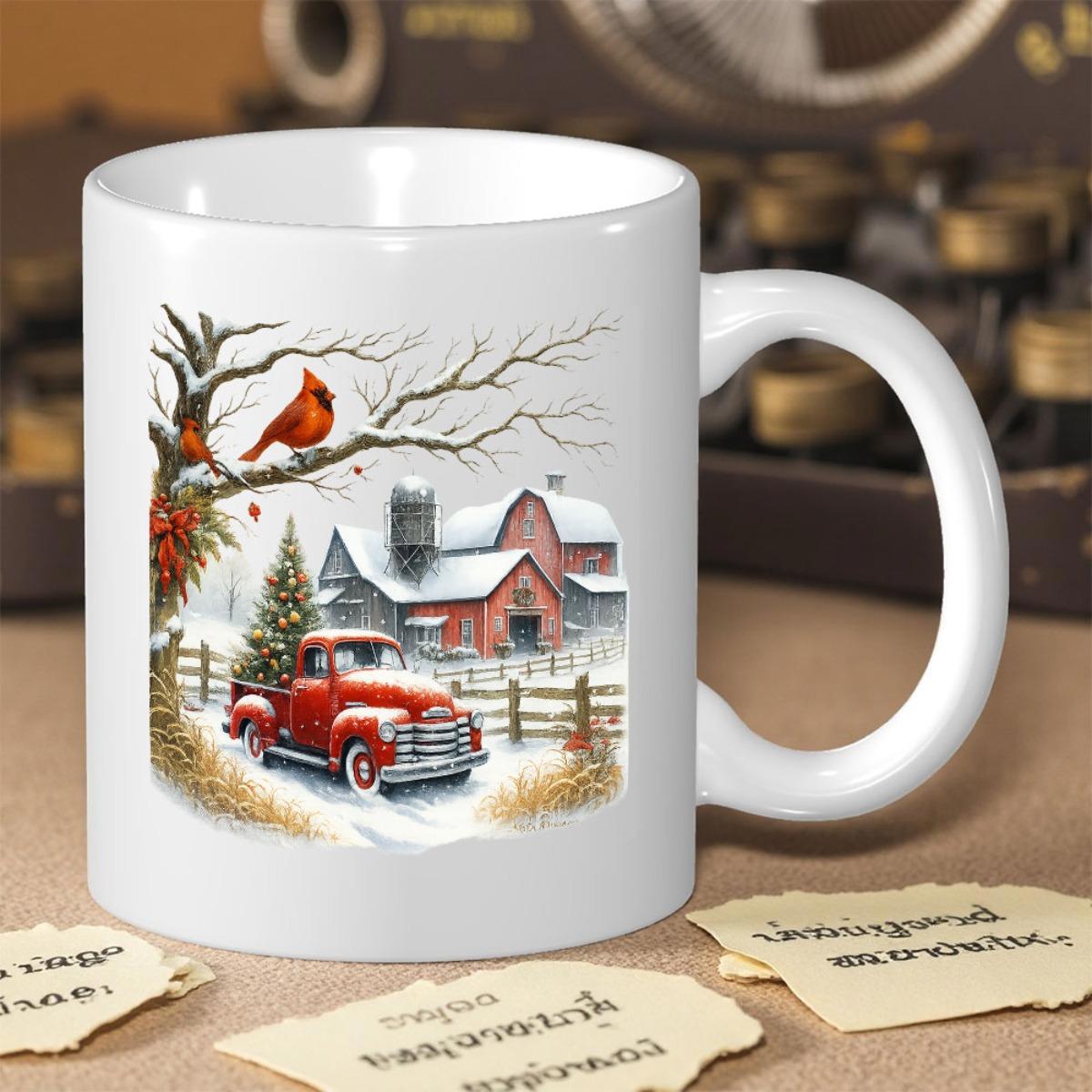 Tailorly White Ceramic 11 oz Mug - Vintage Red Pickup Carrying Evergreen Tree Past Snowy Farmstead Barn Truck