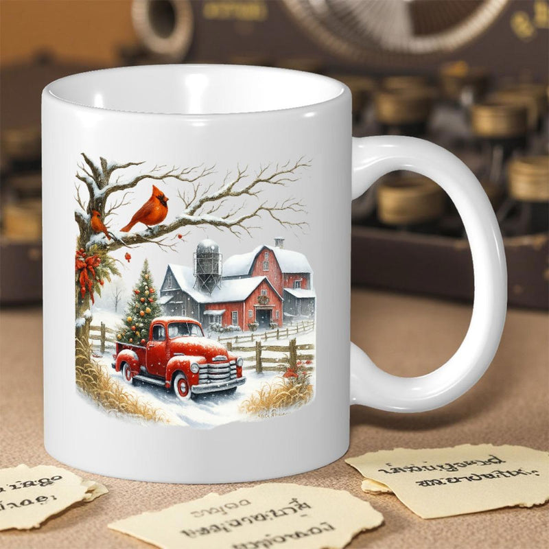 Tailorly White Ceramic 11 oz Mug - Vintage Red Pickup Carrying Evergreen Tree Past Snowy Farmstead Barn Truck