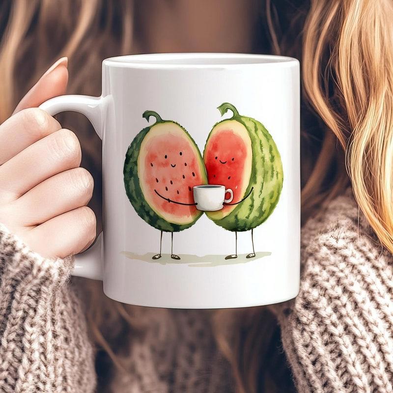 Tailorly White Ceramic 11 oz Mug - Two Adorable Watercolor Slices Sharing A Warm Cup Of Coffee Watermelon