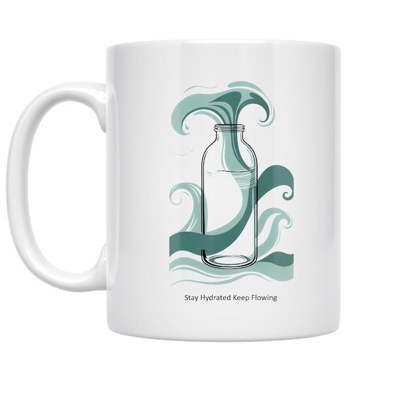 Tailorly White Ceramic 11 oz Mug - Stay Hydrated Keep Flowing Artistic Teal Waves Flowing Through A Minimalist Transparent Glass Bottle