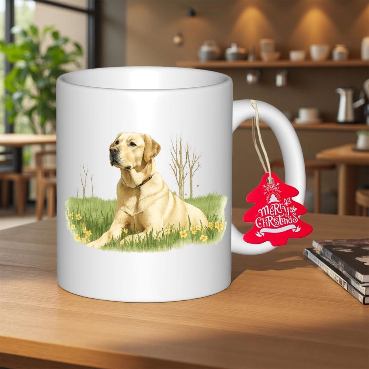 Tailorly White Ceramic 11 oz Mug - Merry Christmas Loyal Yellow Labrador Lying Gracefully In Green Grass Under Bare Trees Labrador