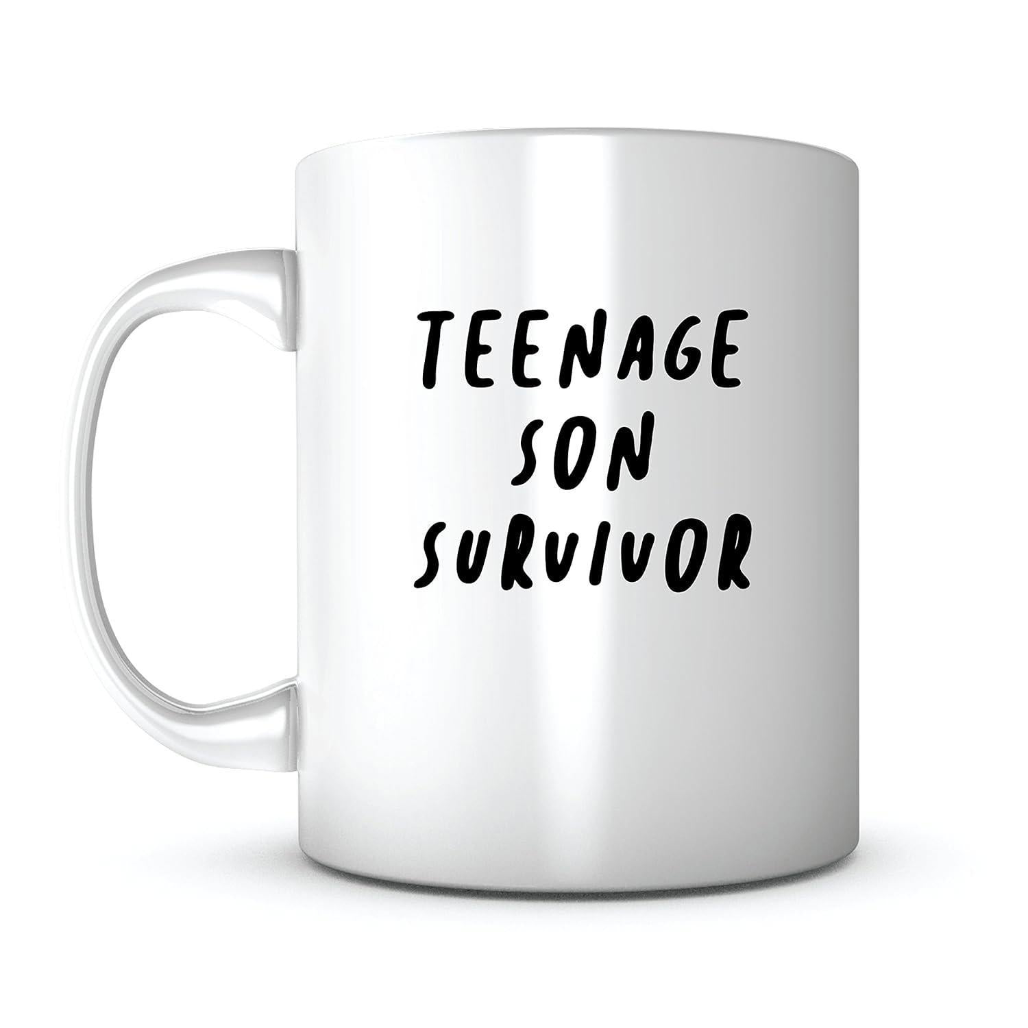 Tailorly White Ceramic 11 oz Mug - Teenage Son Survivor Minimalist Bold Hand Drawn Black Script Typography Mug