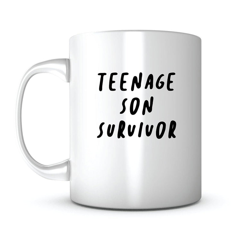 Tailorly White Ceramic 11 oz Mug - Teenage Son Survivor Minimalist Bold Hand Drawn Black Script Typography Mug