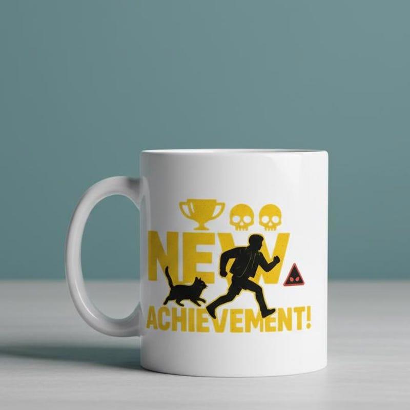 Tailorly White Ceramic 11 oz Mug - New Achievement Bold Silhouette Of Person And Cat Running Toward Golden Trophy Achievement