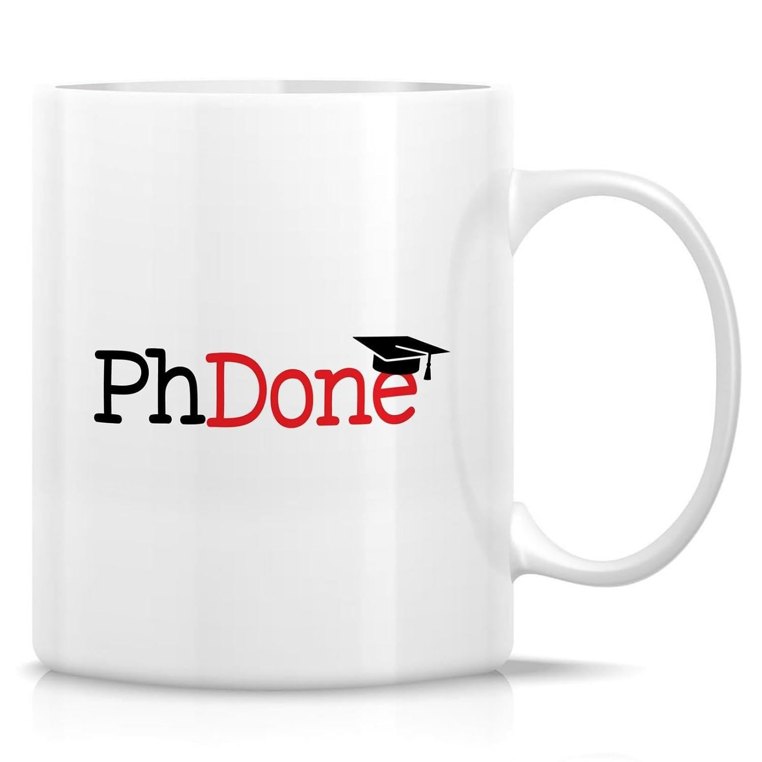 Tailorly White Ceramic 11 oz Mug - PhDone Professional Academic Style Featuring A Minimalist Black Graduation Mortarboard Cap