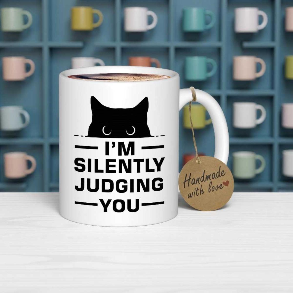 Tailorly White Ceramic 11 oz Mug - Im Silently Judging You Peeking Black Silhouette With Curious Eyes Over Solid Horizontal Lines Cat