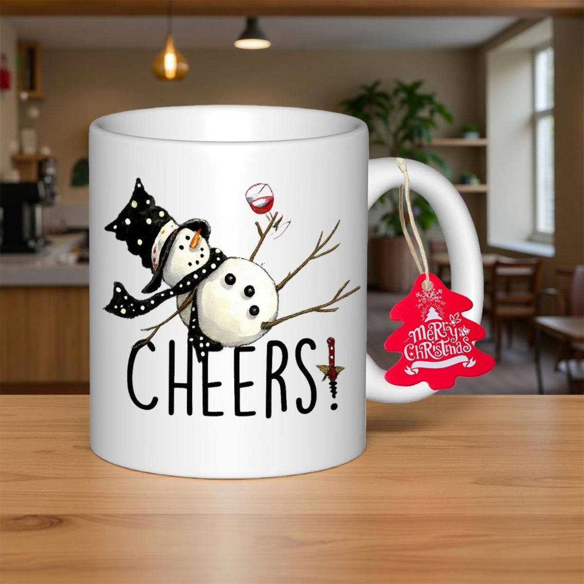 Tailorly White Ceramic 11 oz Mug - Cheers Charming Winter Character Wearing Polka Dot Scarf Holding Glass Of Wine Snowman