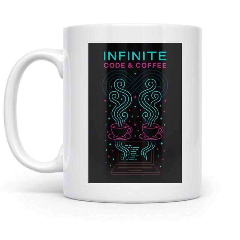 Tailorly White Ceramic 11 oz Mug - Infinite Code Coffee Modern Neon Style Symmetrical Cups With Swirling Steam Rising Above Mug