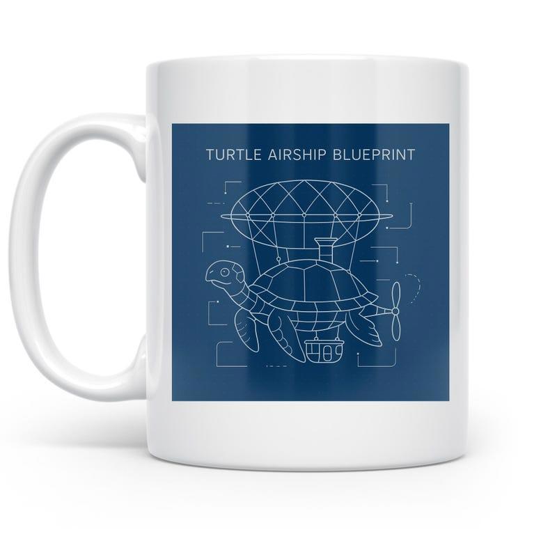 Tailorly White Ceramic 11 oz Mug - Turtle Airship Blueprint Mechanical Steampunk Drawing Within A Deep Blue Frame Airship