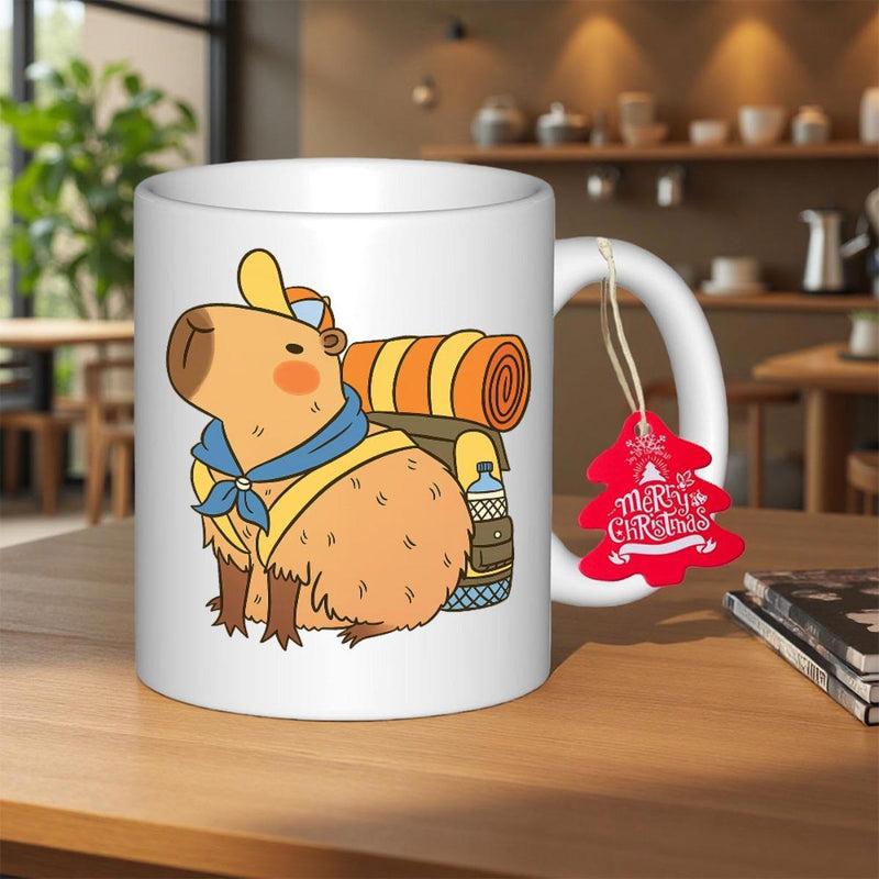 Tailorly White Ceramic 11 oz Mug - Merry Christmas Adorable Cartoon Animal Wearing Scout Uniform Carrying Large Camping Backpack Gear Capybara