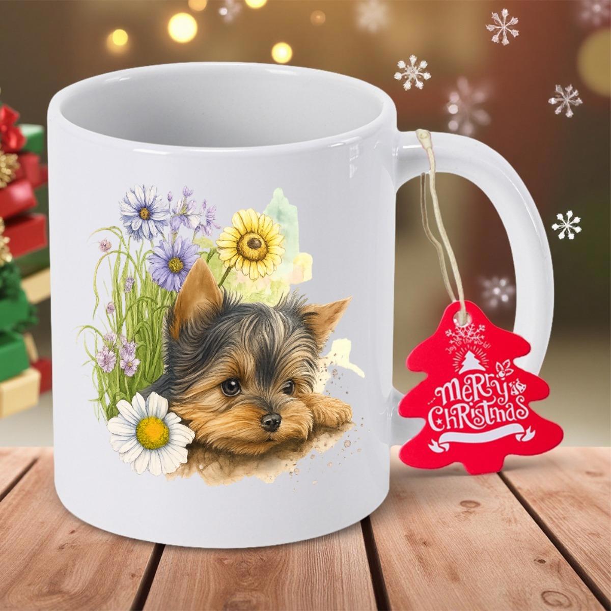 Tailorly White Ceramic 11 oz Mug - Merry Christmas Adorable Small Puppy Sitting Among Vibrant Blooming Wildflowers Yorkie