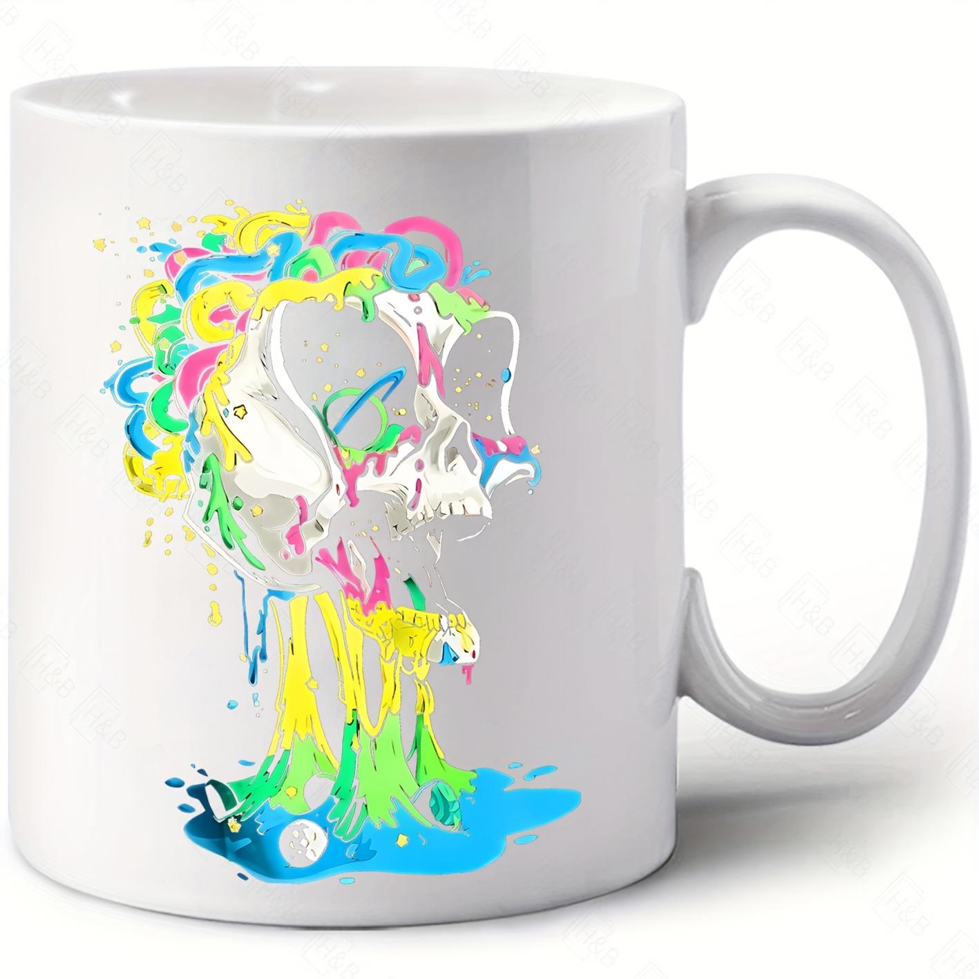 Tailorly White Ceramic 11 oz Mug - Vibrant Colorful Melting Paint Splatter Artistic Abstract Dripping Skull