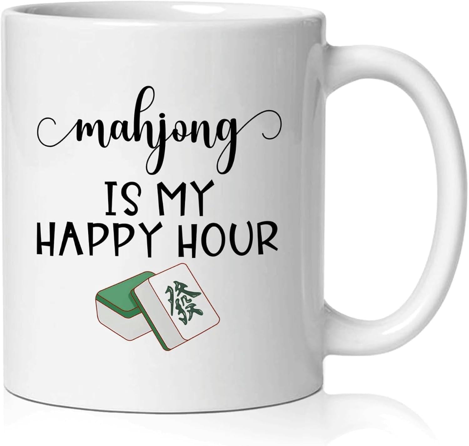 Tailorly White Ceramic 11 oz Mug - Mahjong Is My Happy Hour Traditional Gaming Elements With Distinctive Green And White Patterns Mahjong Tiles