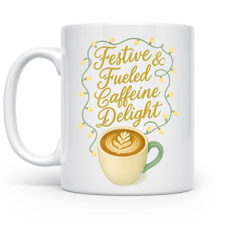 Tailorly White Ceramic 11 oz Mug - Festive Fueled Caffeine Delight Cozy Steaming Latte Cup Surrounded By Twinkling Yellow Christmas Fairy Lights Mug