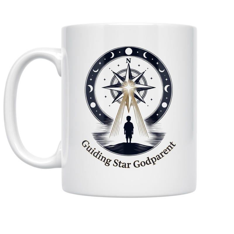 Tailorly White Ceramic 11 oz Mug - Guiding Star Godparent Celestial Star Shining Light Above A Lone Dark Silhouette Compass