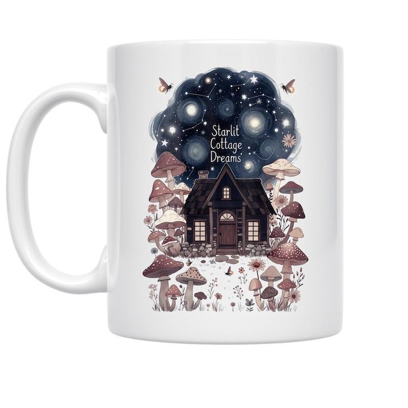 Tailorly White Ceramic 11 oz Mug - Starlit Cottage Dreams Whimsical Dark Cabin Among Giant Forest Mushrooms Under The Glowing Night Sky Cottage