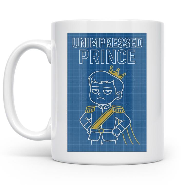 Tailorly White Ceramic 11 oz Mug - Unimpressed Prince Cartoon Boy Wearing Golden Crown And Sash With A Bored Expression Prince
