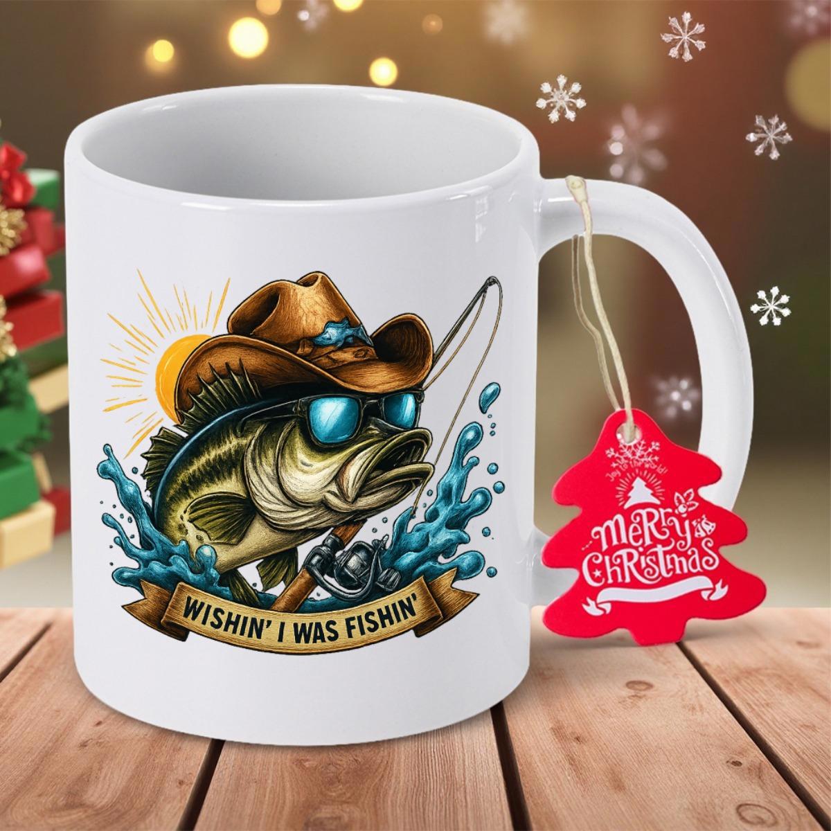 Tailorly White Ceramic 11 oz Mug - Wishin I Was Fishin Funny Large Mouth Bass Wearing Cowboy Hat And Sunglasses Holding Fishing Rod Bass