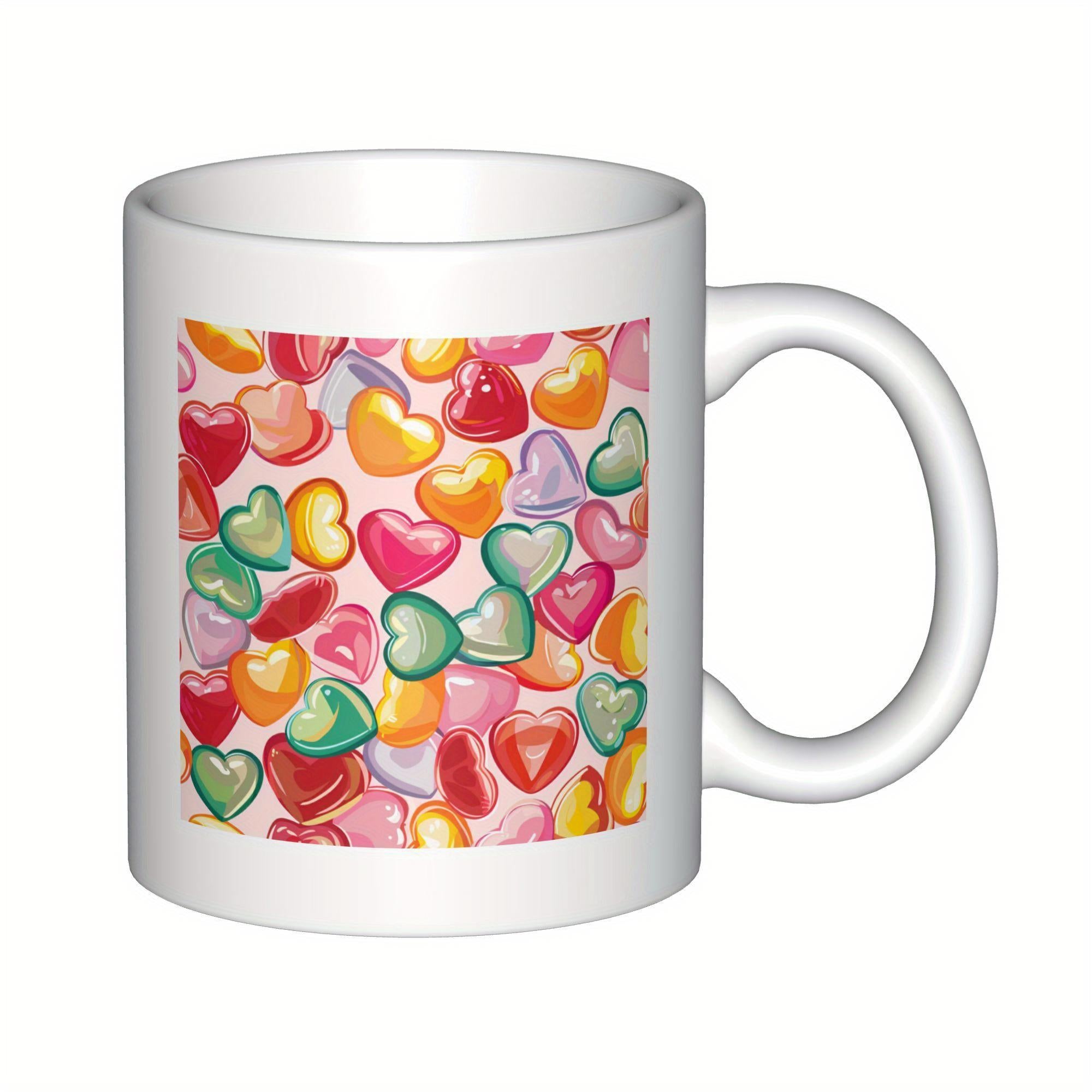 Tailorly White Ceramic 11 oz Mug - Colorful Vibrant Sweet Candies Scattered Together Within A Beautiful Heart Pattern Heart