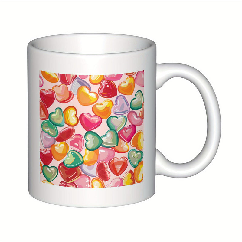 Tailorly White Ceramic 11 oz Mug - Colorful Vibrant Sweet Candies Scattered Together Within A Beautiful Heart Pattern Heart