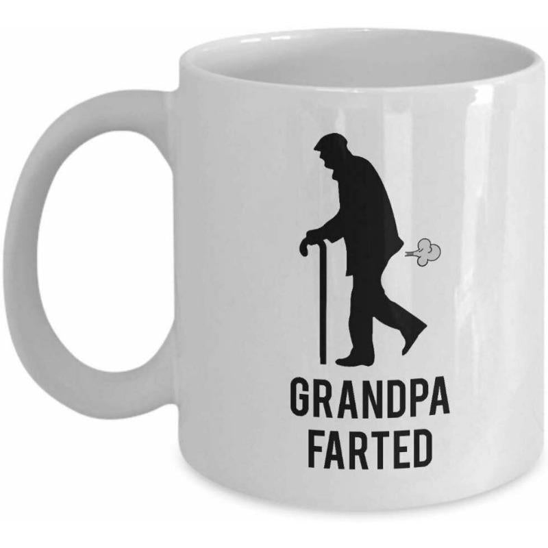 Tailorly White Ceramic 11 oz Mug - Grandpa Farted Black Minimalist Silhouette Of Elderly Person Walking With Cane Grandpa