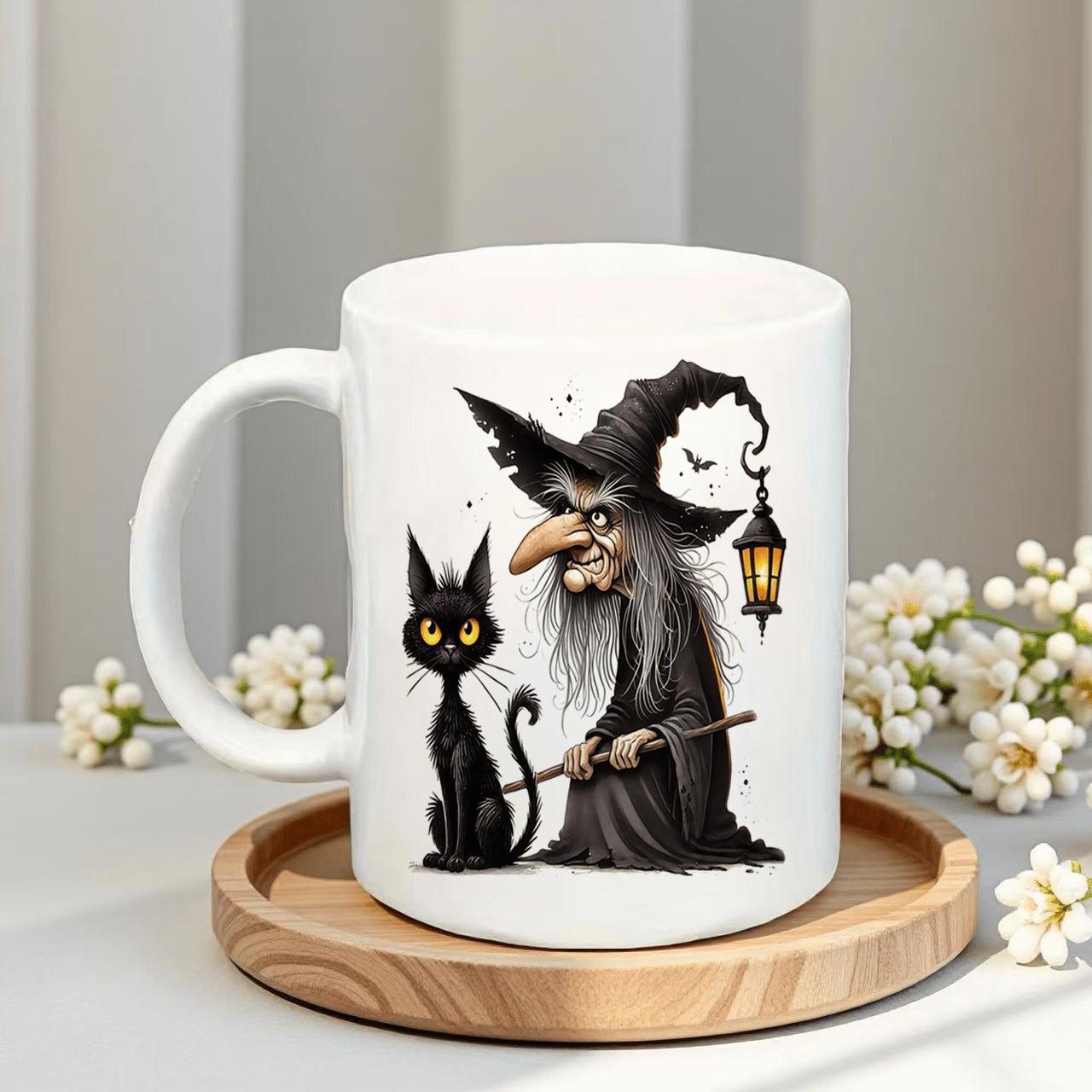 Tailorly White Ceramic 11 oz Mug - Spooky Old Hag With Broom And Staring Black Cat Under Glowing Lantern Witch