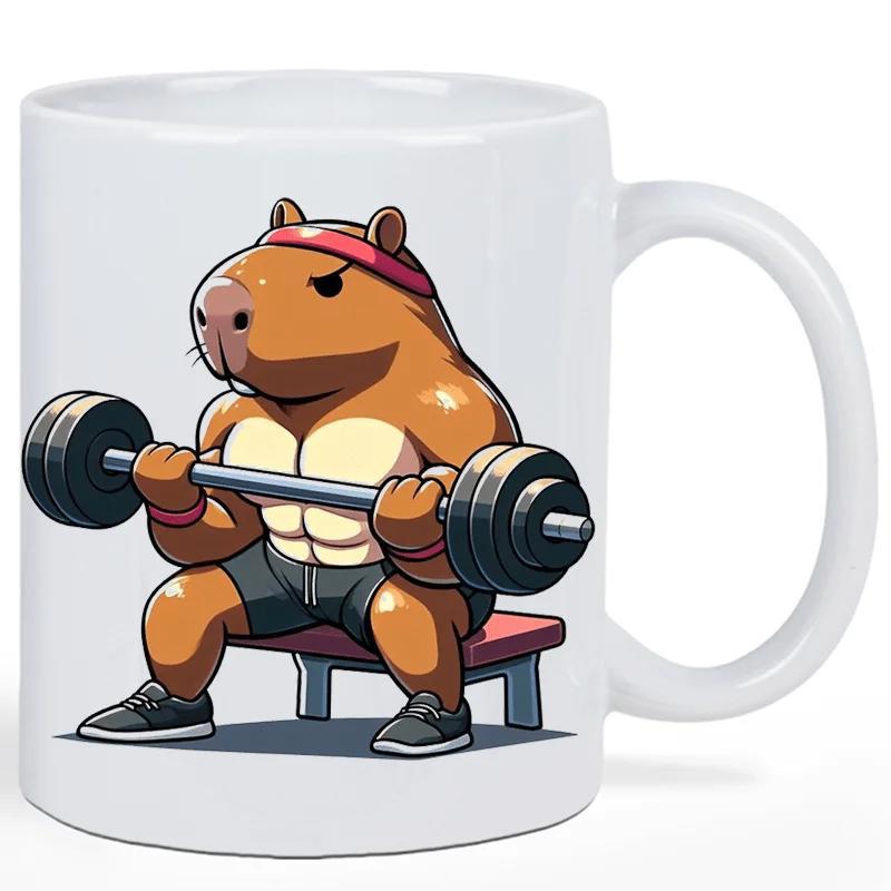 Tailorly White Ceramic 11 oz Mug - Strong Muscular Gym Animal Lifting Heavy Barbell While Sitting On Bench Capybara