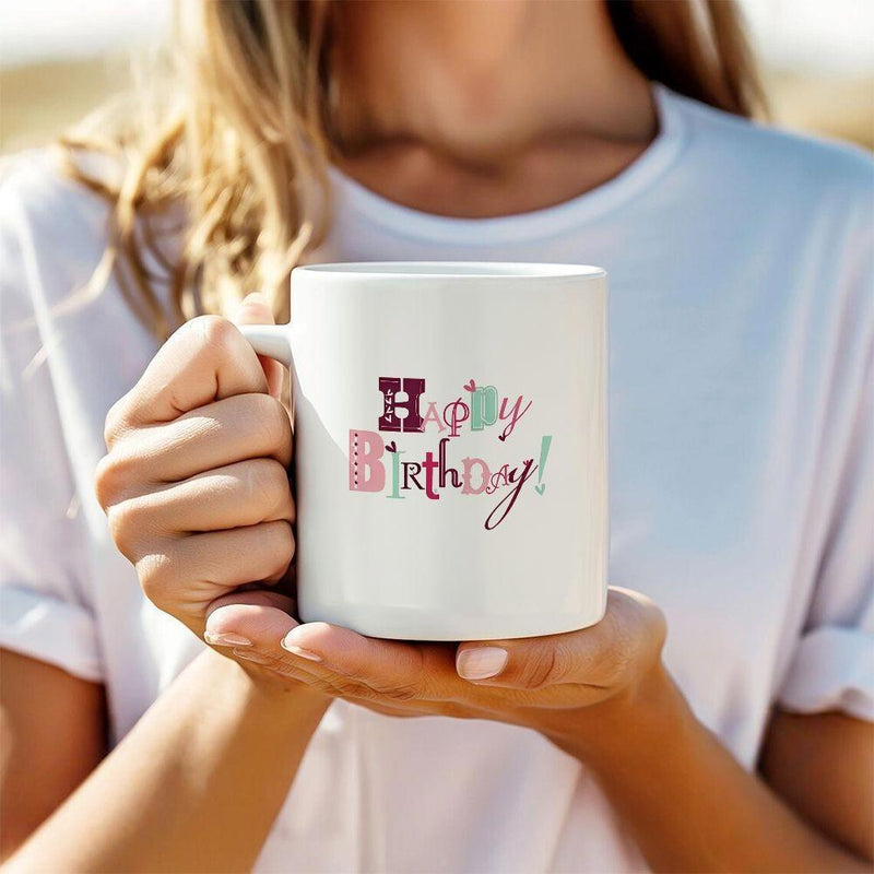 Tailorly White Ceramic 11 oz Mug - Happy Birthday Minimalist Ceramic Coffee Cup Held In Both Hands Indoors Mug
