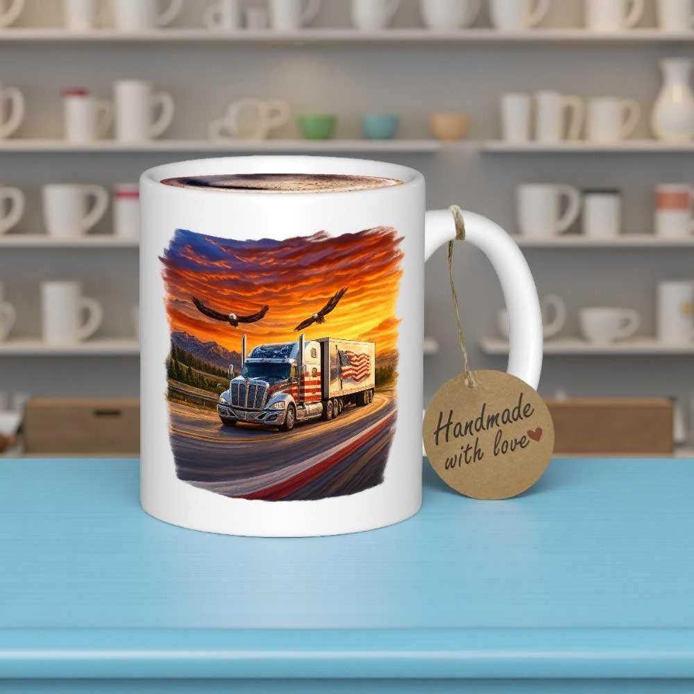 Tailorly White Ceramic 11 oz Mug - Powerful Semi Truck Driving On Open Road Under Sunset With Eagles Flying Truck
